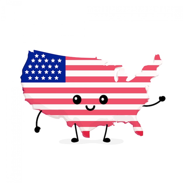 Cute funny smiling happy usa map and flag character.