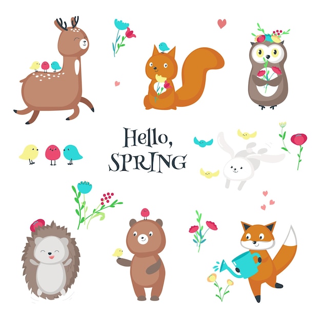 Cute funny spring animals vector isolated illustration