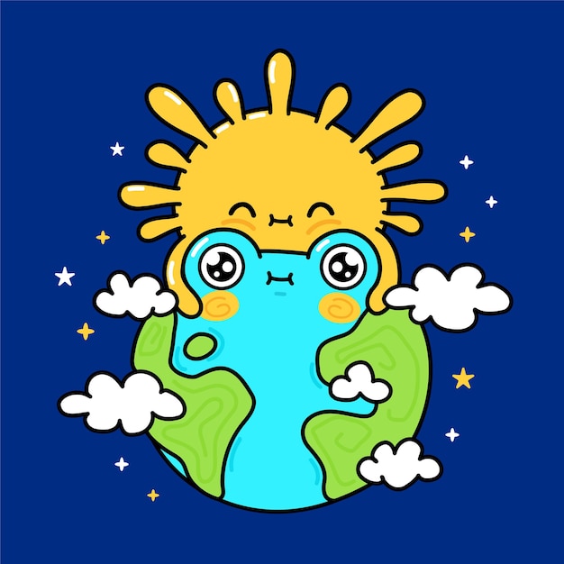 Simpatico e divertente sun abbraccia il pianeta terra nello spazio cosmo. icona dell'illustrazione del carattere di kawaii del fumetto disegnato a mano di vettore. concetto di personaggio mascotte sole e terra