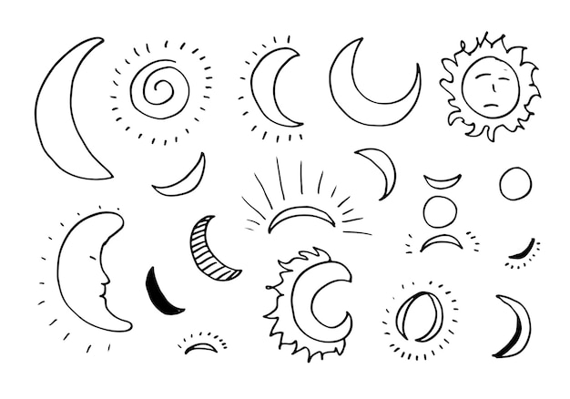 Carino e divertente sole luna doodle icone vector set