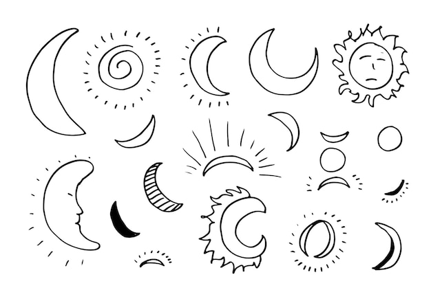 귀 엽 고 재미 있는 태양 달 낙서 아이콘 벡터 세트