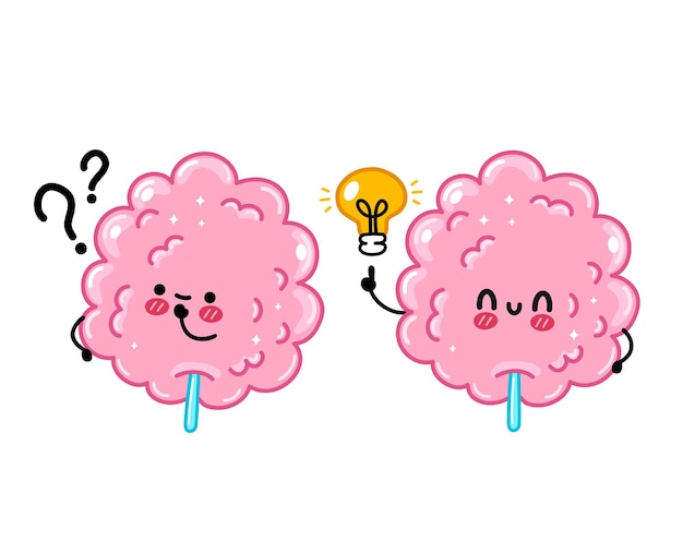 Vector cute funny sweet cotton sugar candy with question mark and idea lightbulb. vector hand drawn cartoon kawaii character illustration icon. isolated on white background. sweet sugar cotton candy concept