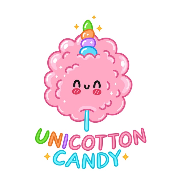 Cute funny sweet cotton sugar candy with unicorn horn. Vector hand drawn cartoon kawaii character illustration logo icon. Isolated on white background. Sweet unicorn sugar cotton candy logo concept