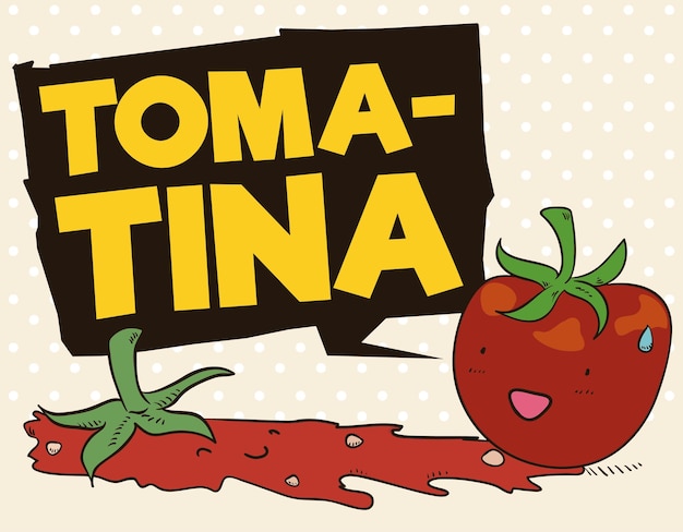 Cute and funny tomato surprised to see a partner splashed with a speech balloon announcing Tomatina