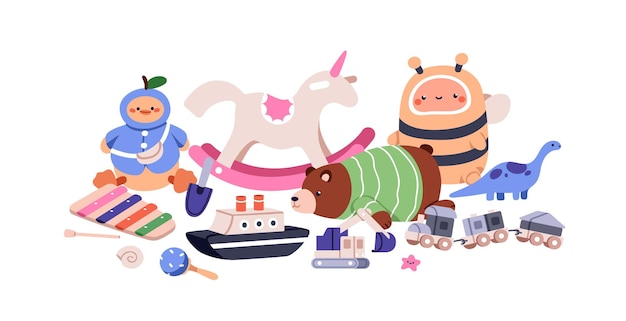 Cute funny toys for kids babies Nursery and kindergarten train horse teddy bear composition Preschool stuff xylophone rattle and dinosaur flat vector illustration isolated on white background