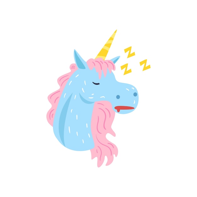 Cute funny unicorn character sleeping and snoring cartoon vector Illustration isolated on a white background.