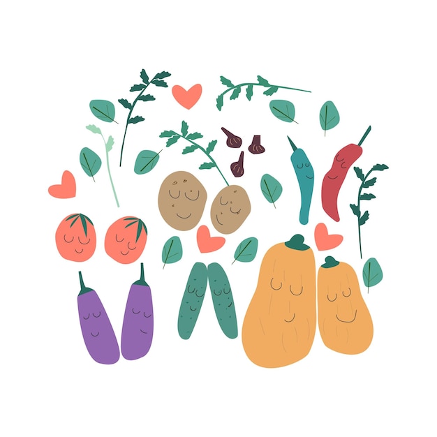 Cute funny vegetable set with face. Vector illustration.