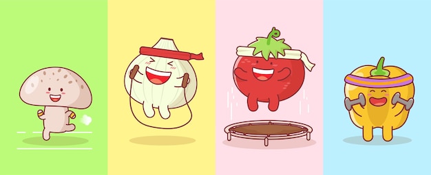 귀여운 재미있는 야채 만화 캐릭터 운동과 운동 세트 야채 유기농 및 건강한 fo
