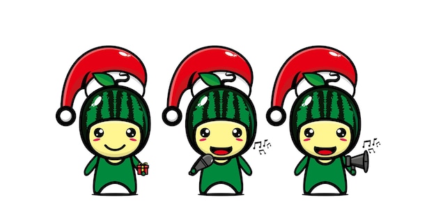 クリスマスキャップのかわいい面白いスイカのキャラクターベクトルフラットラインかわいい漫画のキャラクター