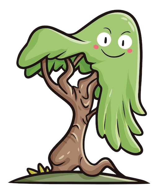 Cute and funny weird green tree cartoon character smiling