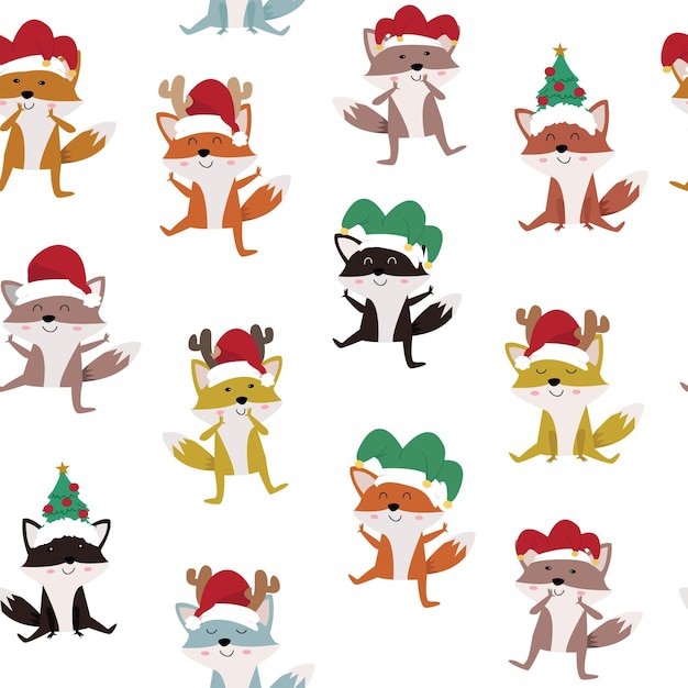 Cute funny wolf fox on chiristmas seamless pattern