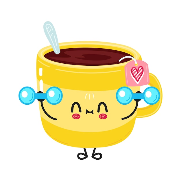 Cute funny yellow cup of tea character with dumbbells