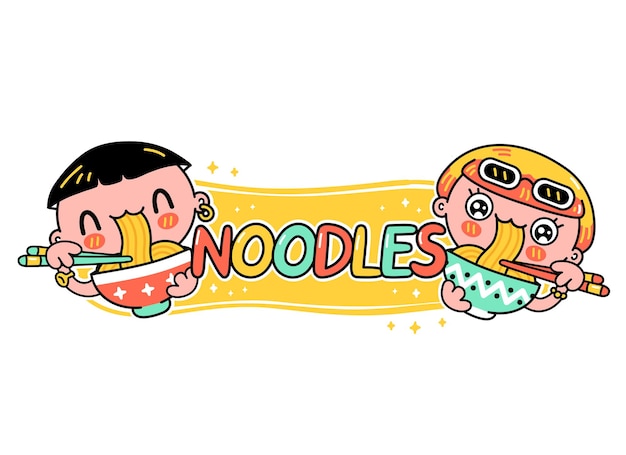 Cute funny young man and woman eat noodles from bowl