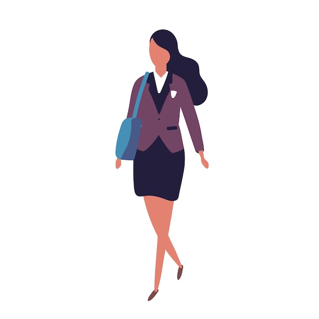 Cute funny young teenage girl dressed in uniform walking to school. Portrait of pupil or female student wearing skirt and jacket isolated on white background. Vector illustration in modern flat style.