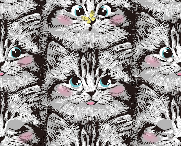 Cute furry kitten face seamless pattern vector illustration