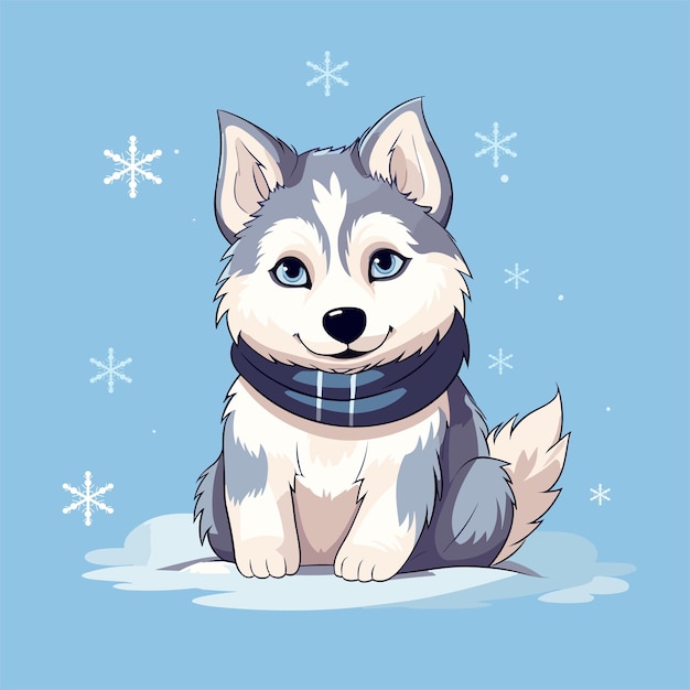 Vector cute furry siberian husky in the snow