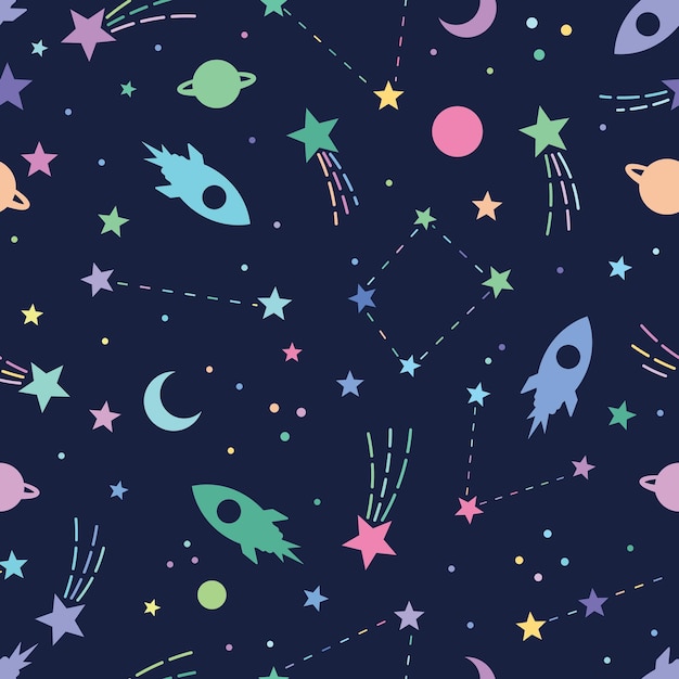 Cute galaxy pattern for kids universe or space seamless repeating pattern flat retro style star