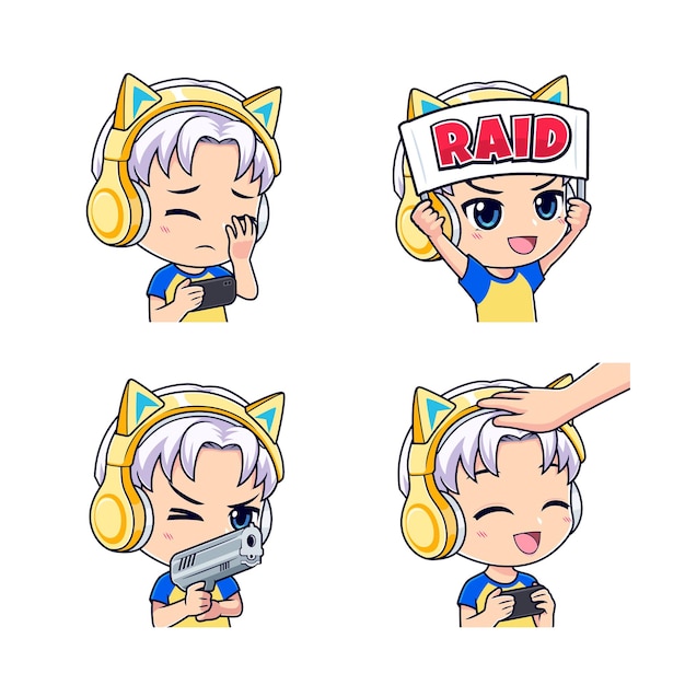 Vettore cute gamer boy cartoon mascotte set di emozioni facciali illustrazione vettoriale adatta per icone adesive