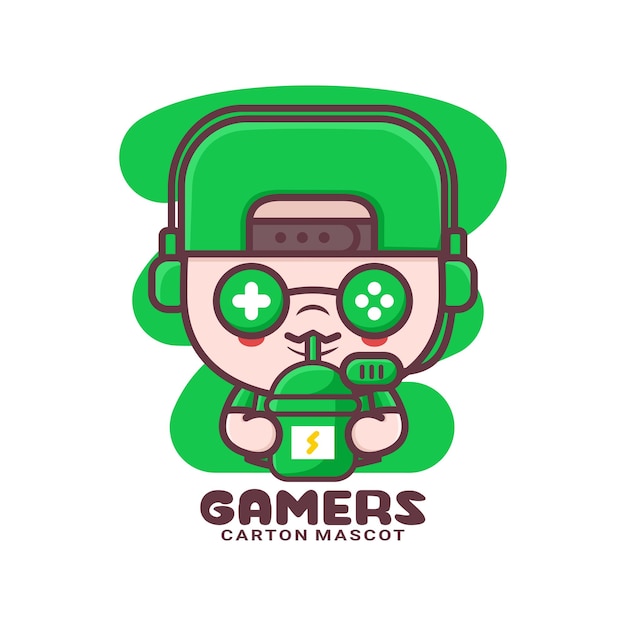 Cute gamer cartoon with energy drink