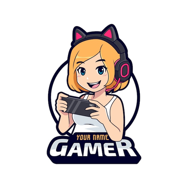 Cute gamer character mascot logo, Gamer girl cartoon esport logo template