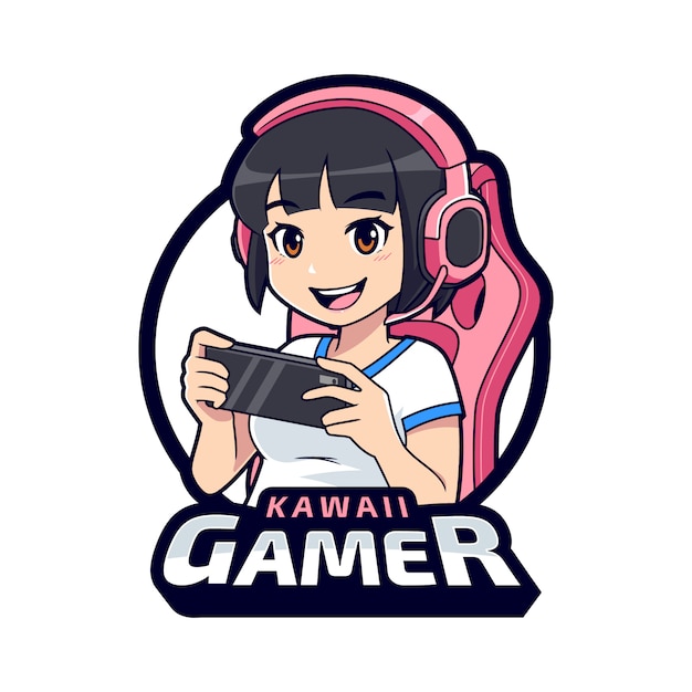 Cute gamer character mascot logo, Gamer girl esport logo template