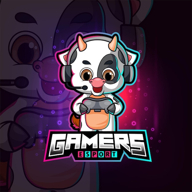 Vector the cute gamer cow esport logo design of illustration