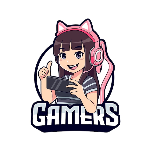 Cute gamer girl cartoon playing on smartphone esport logo template