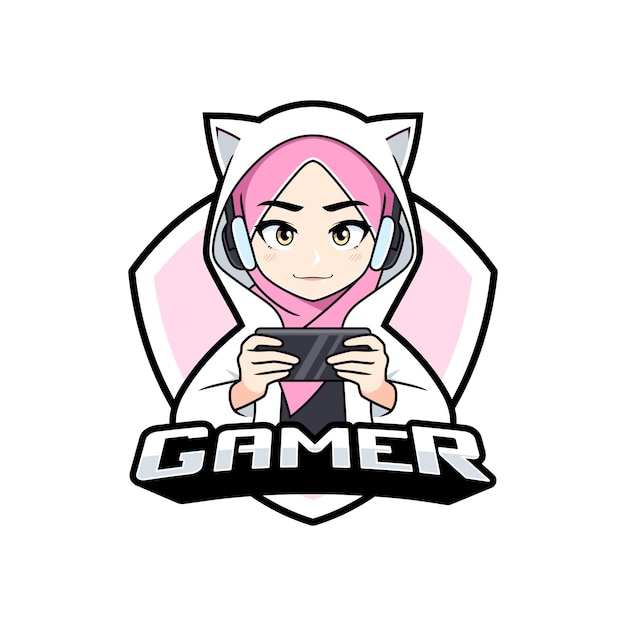 Симпатичная девушка-геймер в логотипе киберспорта талисмана хиджаба