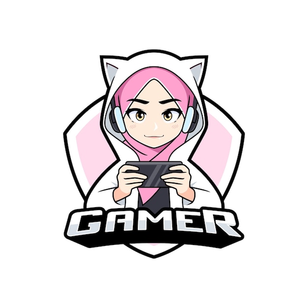 Ragazza carina del giocatore nel logo esport della mascotte dell'hijab