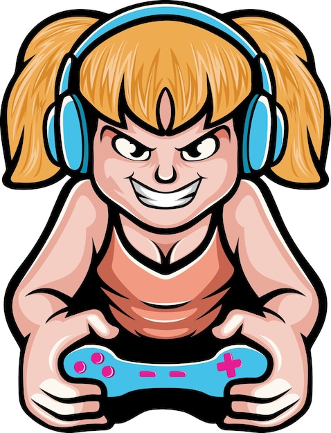 Vettore design del logo della mascotte della ragazza del giocatore carino