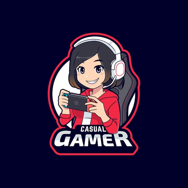 Cute gamer girl playing mobile games logo template