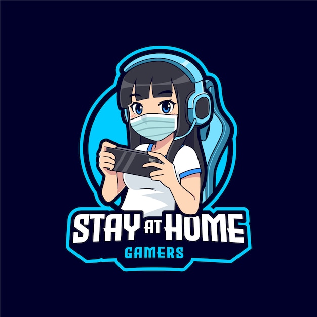 Cute gamer girl wear face mask stay at home esport logo