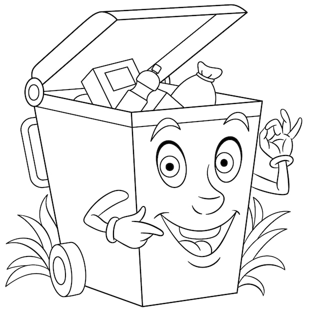 Simpatico cestino per lo smistamento dei rifiuti. cartone animato divertente cibo emoji faccia. pagina da colorare per bambini.