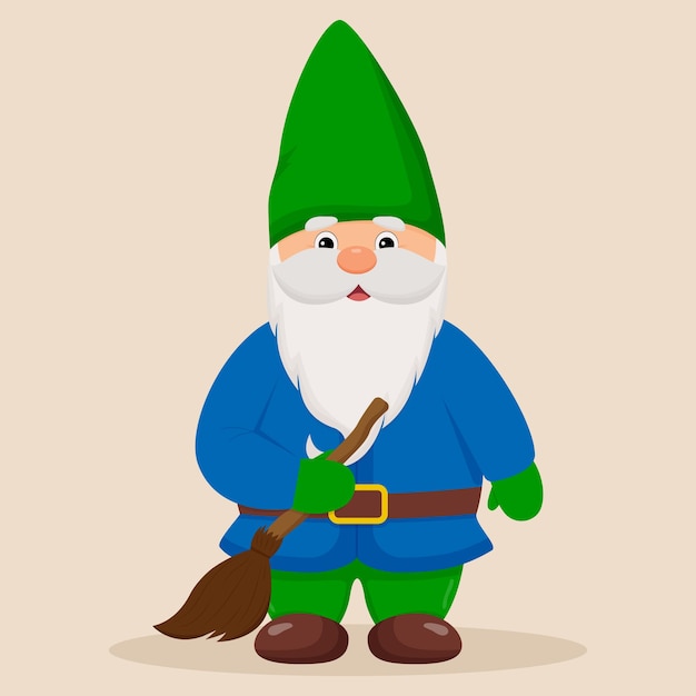 Cute garden gnome with a broom in his hands.