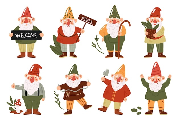 Cute garden gnomes or dwarfs set funny myth fairytale characters with hats collection