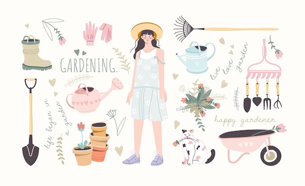 Cute garden set Illustrations of garden tools Collection of cute graphic elements and gardener girl