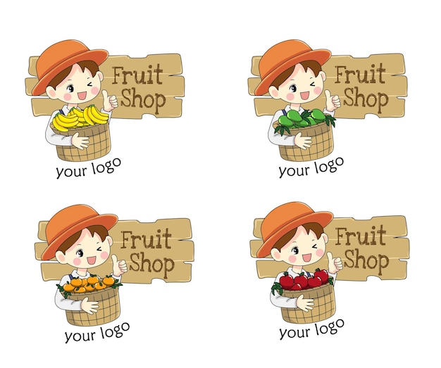 Cute garderner boy logo fruit shop cartoon art illustration