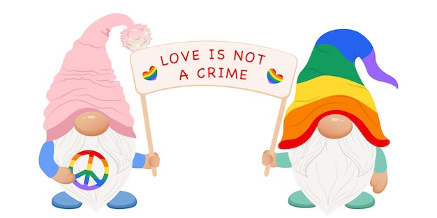 Cute gay couple gnomes with poster Pride month gnome Lgbt gnome Love is not a crime