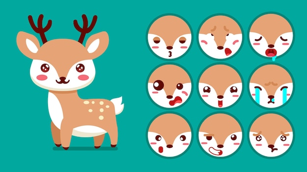 Vector cute gazelle set of animal emotions tiny gazelle with emoji collocation sleeping crying sad