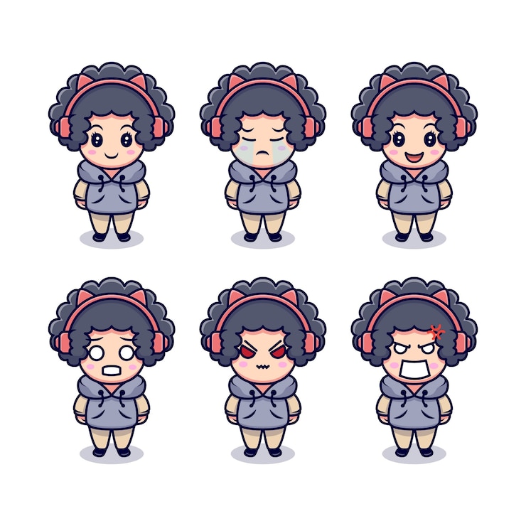 Vector 다른 식 세트와 귀여운 괴짜 소녀