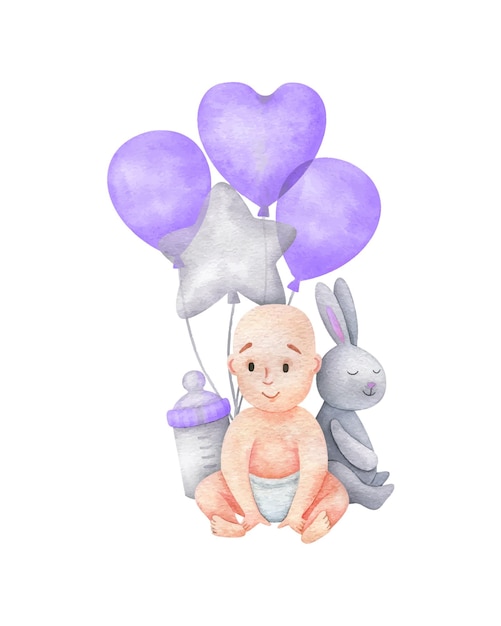 Cute Gender Neutral Purple Baby With Balloons A Toy And A Bottle Newborn Baby Watercolor Illustration Cartoon Print Postcard Composition Gender Reveal Baby Shower