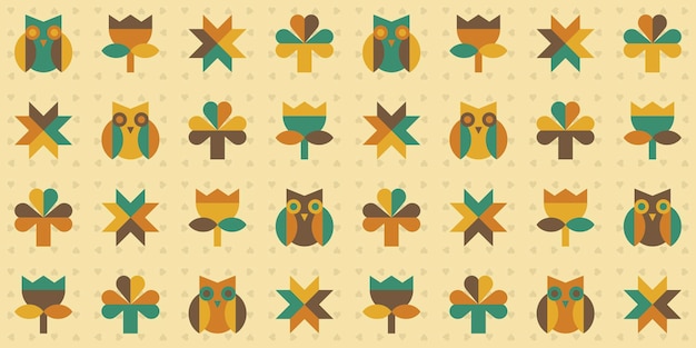 Cute geometric seamless pattern with stylized owls flowers clovers stars in warm autumn colors