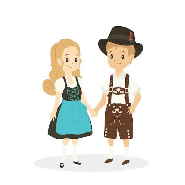 cute German couple in traditional clothes, cartoon  