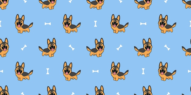 Cute german shepherd puppy cartoon seamless pattern, vector illustration