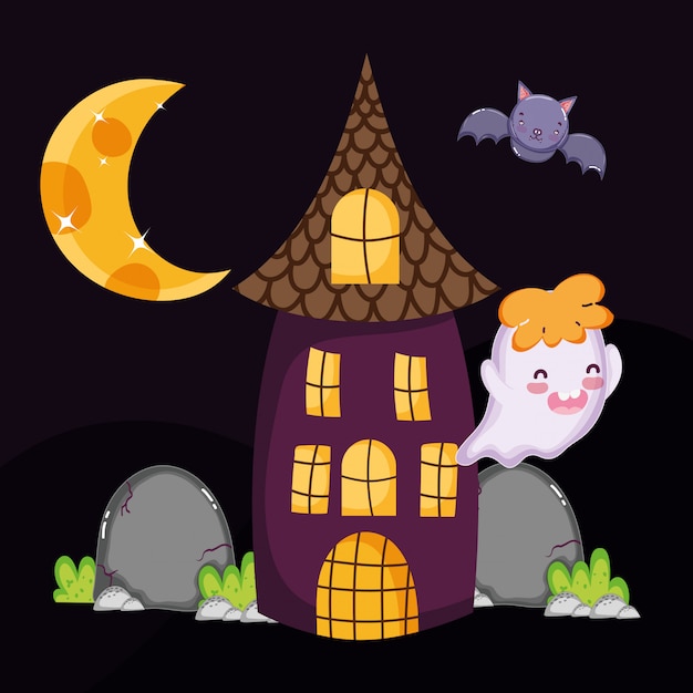 Cute ghost bat house halloween