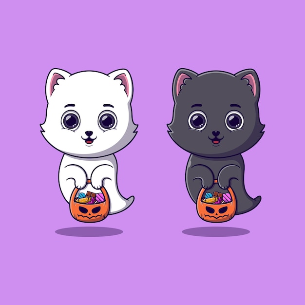 Cute ghost cat holding pumpkin basket full of candies