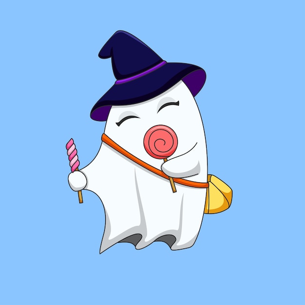 Vector cute ghost eating candy illustration