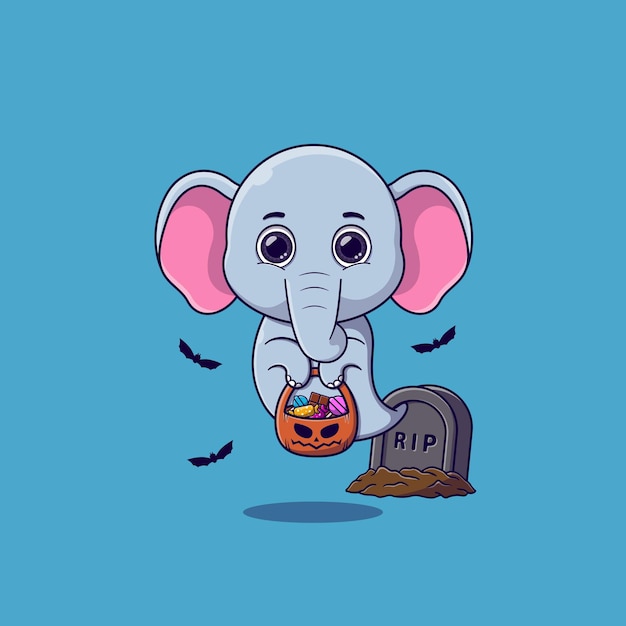 Милый слон-призрак держит тыквенную корзину, полную конфет