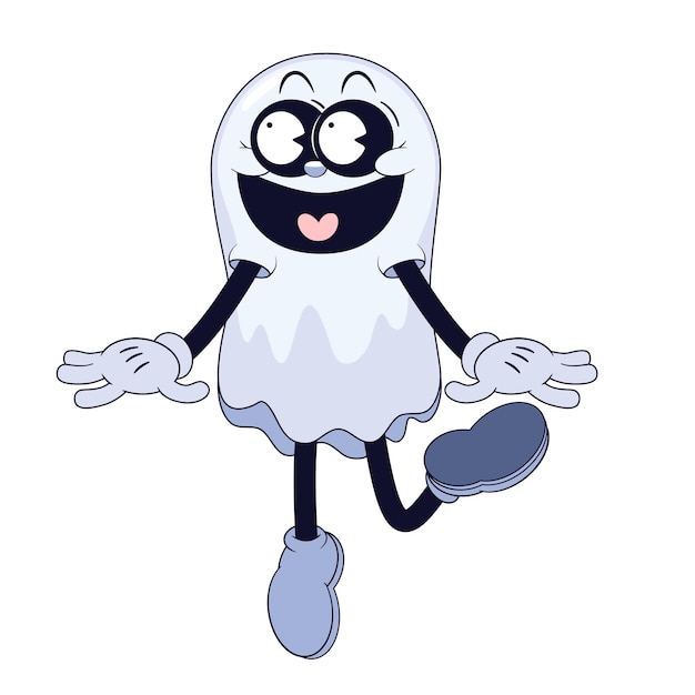 Cute ghost fhow a ballerina dances on one leg in retro comic cartoon stule