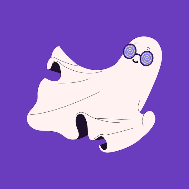 Vector cute ghost flying halloween spook wearing glasses with hypnotic spiral friendly spirit fly floating in air kind phantom in eyeglasses funny soul under hypnosis flat isolated vector illustration